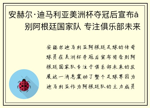 安赫尔·迪马利亚美洲杯夺冠后宣布告别阿根廷国家队 专注俱乐部未来